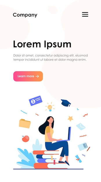 Estudiante con laptop estudiando en curso en línea. Mujer sentada sobre una pila de libros y usando la computadora. Ilustración de vector de escuela de internet, conocimiento, concepto de educación