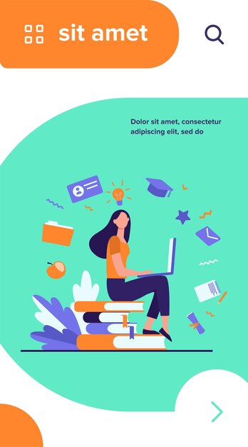 Estudiante con laptop estudiando en curso en línea. Mujer sentada sobre una pila de libros y usando la computadora