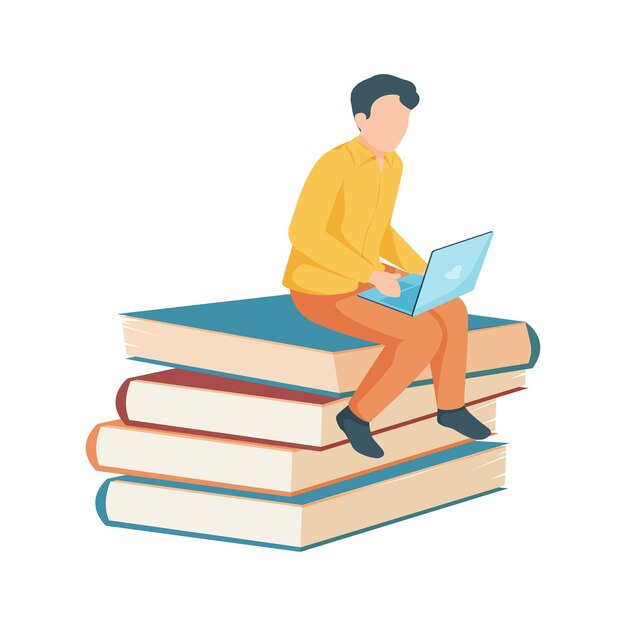 Estudiante niño sentado en la pila de libros con la ilustración del icono plano de la computadora portátil