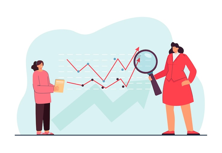 Vector gratuito estudiante y profesor estudiando el crecimiento del gráfico financiero. mujer pequeña sosteniendo una lupa para la ilustración vectorial plana de análisis. concepto de inversión para banner, diseño de sitio web o página web de inicio