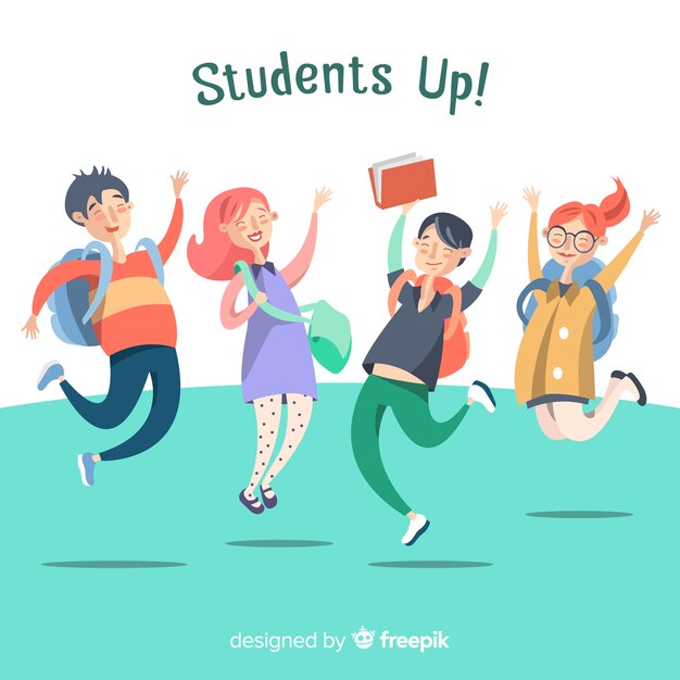Estudiantes de diseño plano saltando felices 