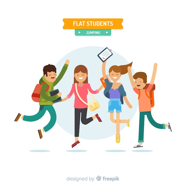 Estudiantes de diseño plano saltando felices 