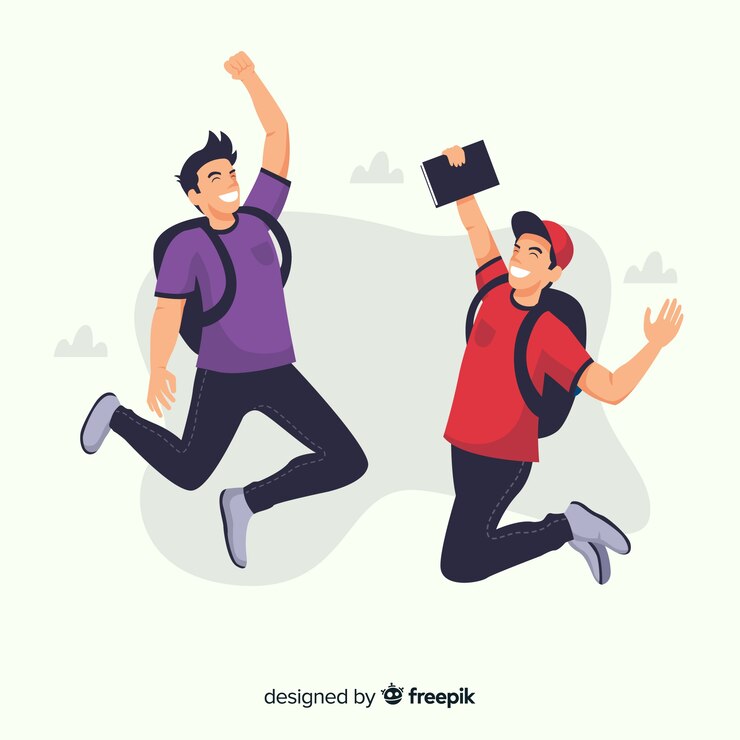 Vector gratuito estudiantes de diseño plano saltando felices 