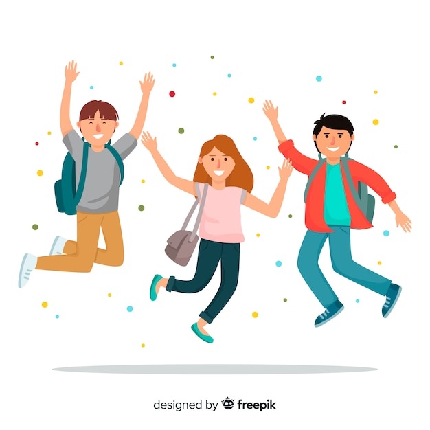 Estudiantes de diseño plano saltando felices