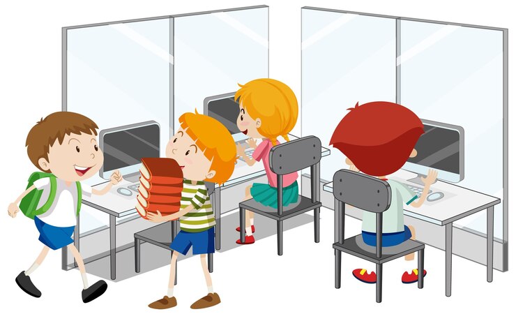 Vector gratuito estudiantes con elementos de aula de informática.