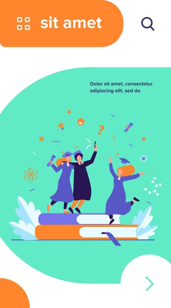 Estudiantes felices graduándose con diploma académico ilustración vectorial plana