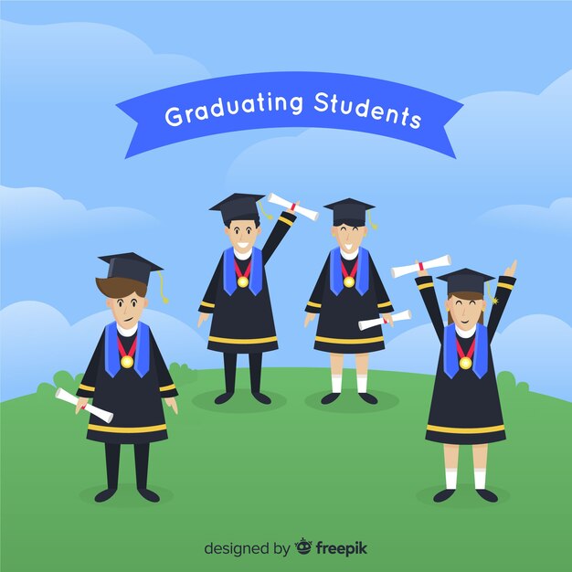 Estudiantes felices graduándose con diseño plano