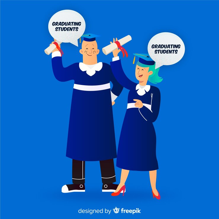 Vector gratuito estudiantes felices graduándose con diseño plano