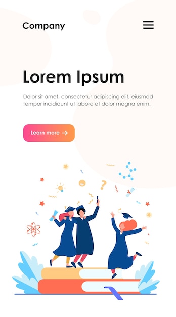 Estudiantes felices graduándose con plantilla web de diploma académico. Chicas de dibujos animados y chico celebrando la graduación de la universidad o colegio