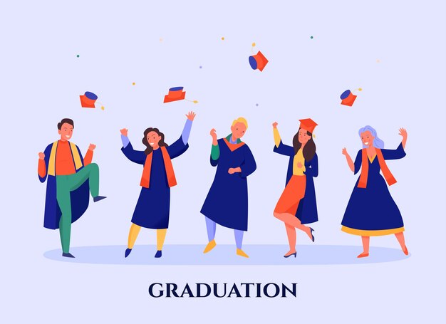 Estudiantes felices con mantos azules lanzando gorras en la fiesta de graduación plana