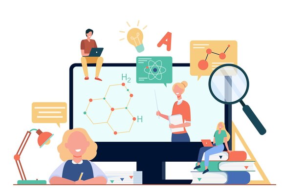 Estudiantes felices o alumnos que miran el seminario web de estudio aislado ilustración plana