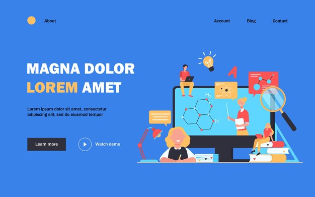 Estudiantes felices o alumnos que miran el seminario web de estudio aislado ilustración plana
