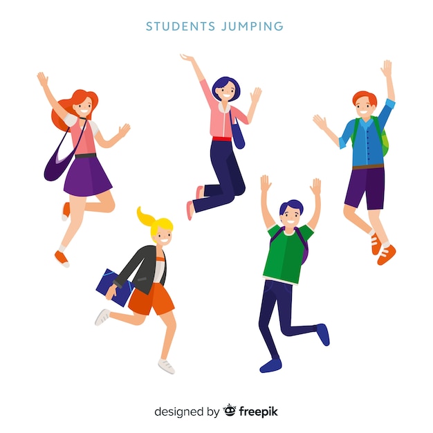 Estudiantes felices saltando con diseño plano