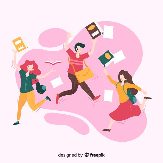 Estudiantes felices saltando con diseño plano