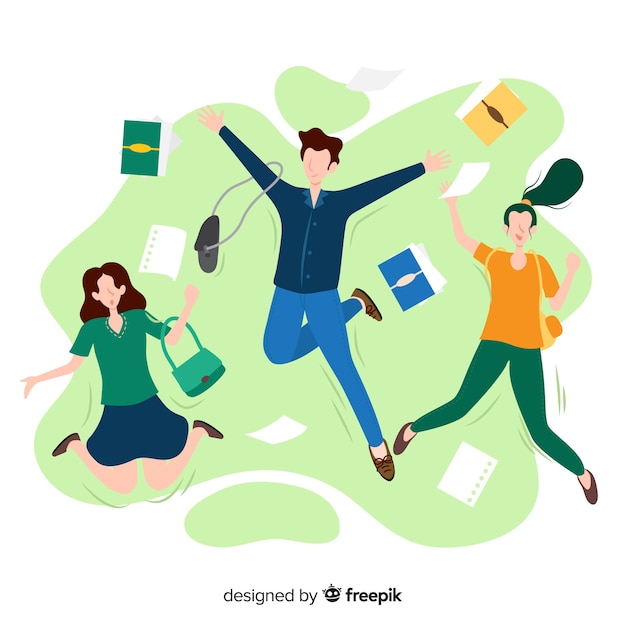 Estudiantes felices saltando con diseño plano