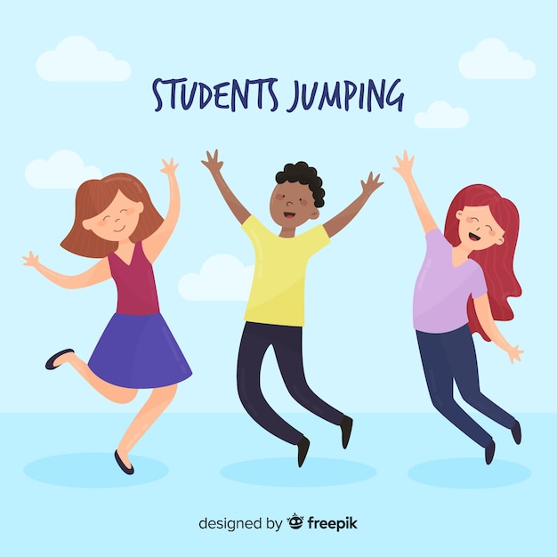 Estudiantes felices saltando con diseño plano