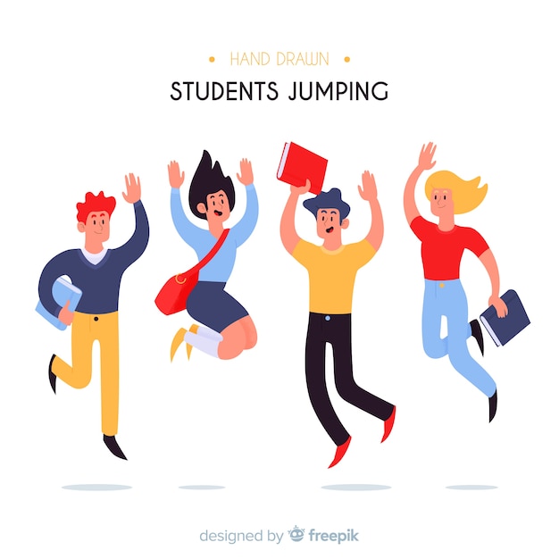 Vector gratuito estudiantes flat saltando