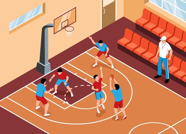 Estudiantes jugando baloncesto en el gimnasio deportivo de la escuela con un maestro masculino mirándolos ilustración vectorial isométrica 3d