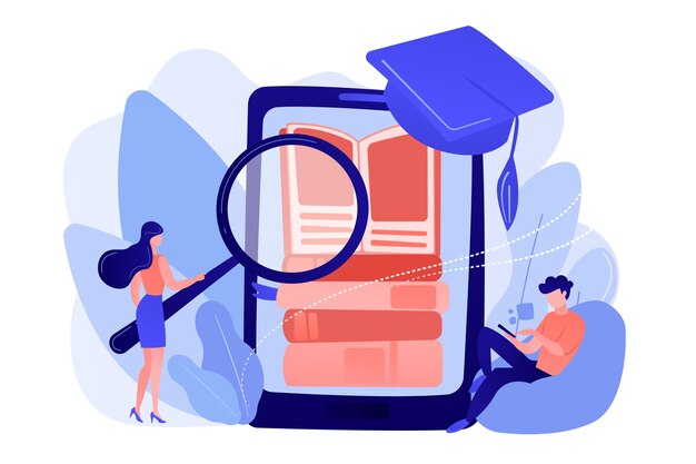 Estudiantes con lupa leyendo una pila de libros electrónicos en la aplicación educativa para teléfonos inteligentes
