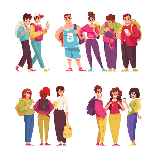 Estudiantes con mochilas composiciones de dibujos animados conjunto ilustración vectorial aislado