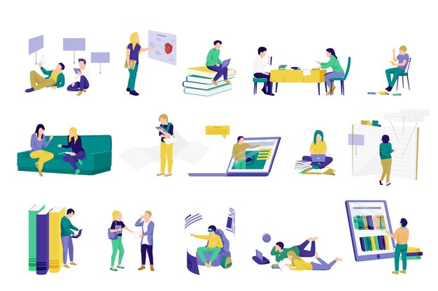 Estudiantes modernos con libros de papel y aparatos electrónicos iconos planos establecidos aislados en la ilustración de vector de fondo blanco