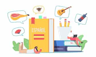 Vector gratuito estudiantes personajes aprendiendo español, curso de lengua extranjera