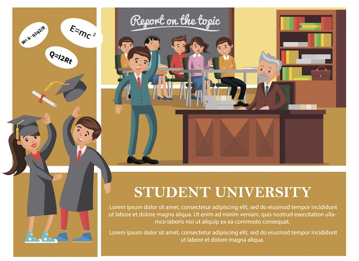 Vector gratuito estudiantes planos en composición universitaria con gente alegre que asiste a la conferencia hombre y mujer felices vomitando gorro de graduación y desplazamiento de diploma