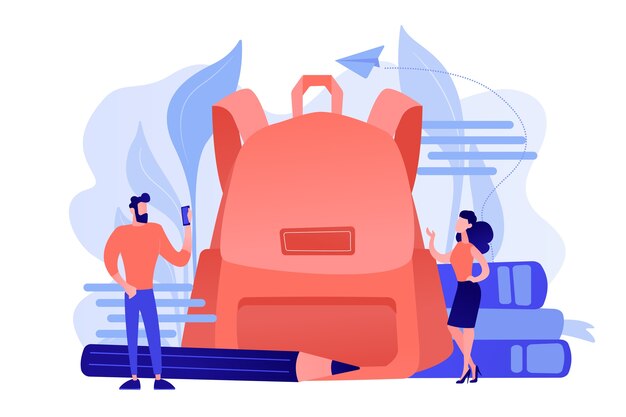 Estudiantes con ropa nueva y mochila grande, libros, lápiz. Trajes y tendencias de regreso a la escuela, moda para el nuevo año escolar y ropa para el primer día de clases