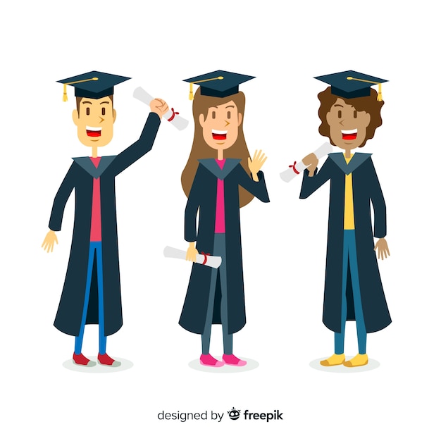 Vector gratuito estudiantes con sombreros de graduación al aire