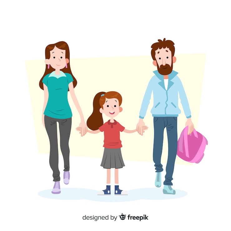 Vector gratuito estudiantes con sus padres en diseño plano