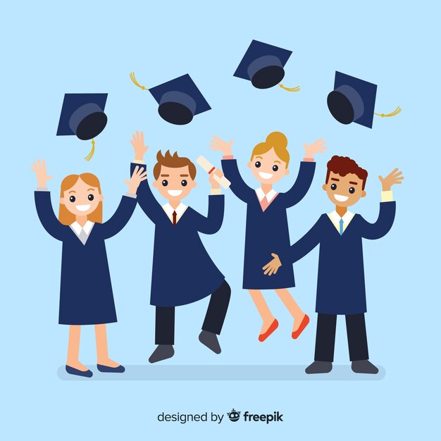 Estudiantes tirando sombreros de graduación al aire