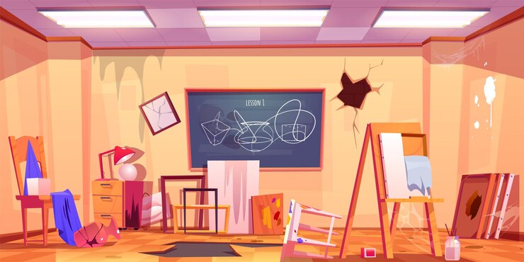 Vector gratuito estudio de aula de arte desordenado abandonado con pared de grietas sala de taller de artista desordenada y sucia con lienzo tor en caballete piso roto y salpicaduras de pintura equipo de pintura para que el estudiante dibuje ilustraciones