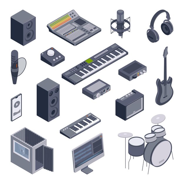 Estudio de grabación de música isométrica con iconos aislados de teclados midi, micrófonos, altavoces y consola de mezclas, ilustración vectorial