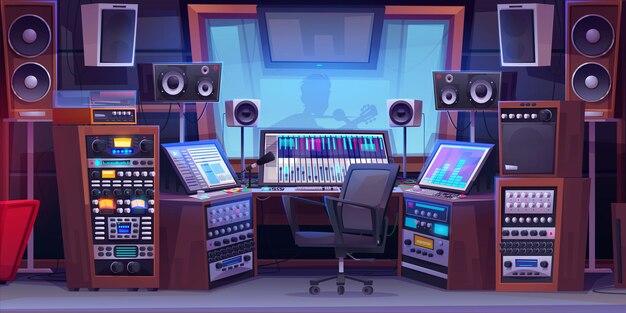 Estudio de grabación de sonido de dibujos animados con equipo y silueta de cantante tocando la guitarra detrás de un vidrio Ilustración vectorial de mezclador de música profesional con botones y cables micrófono de altavoz