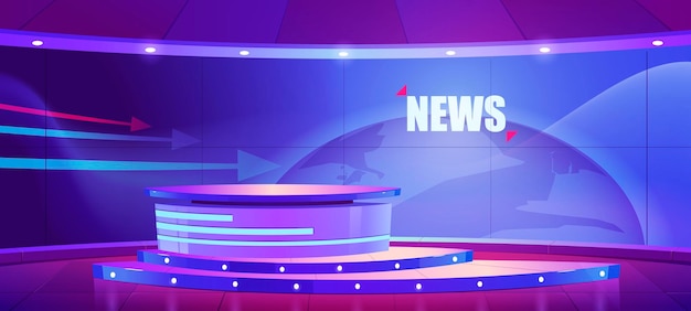 Estudio de noticias de televisión, interior de la sala de difusión de televisión con mesa redonda y globo terráqueo en pantalla. Estudio de canal de video con escritorio de presentador de noticias, equipo de iluminación, ilustración vectorial de dibujos animados