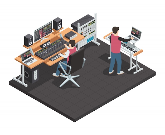 Vector gratuito estudio de producción musical. sala interior isométrica con ingeniero de sonido y productor de arreglos. workpla