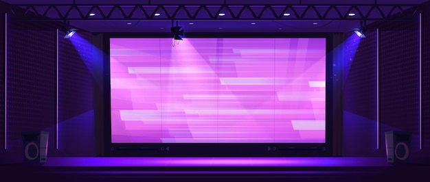 Estudio de programas de televisión con pantalla de escenario y focos.
