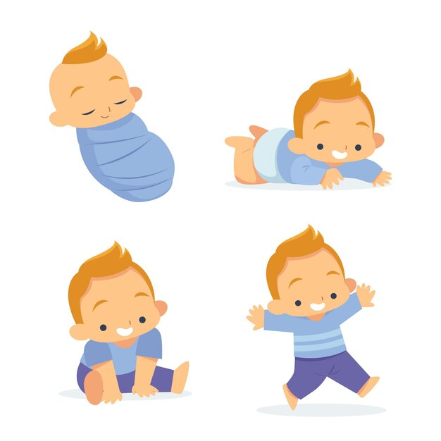 Etapas de diseño plano de una ilustración de bebé niño