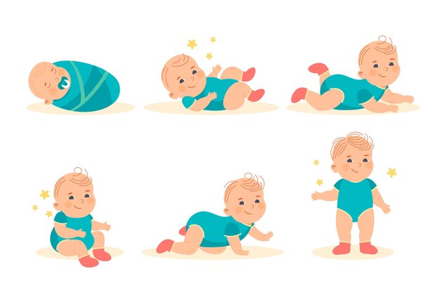 Etapas de diseño plano de una ilustración de bebé niño