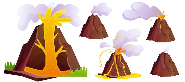 Etapas de erupción volcánica de dibujos animados con lava caliente de gases de ceniza y cráter