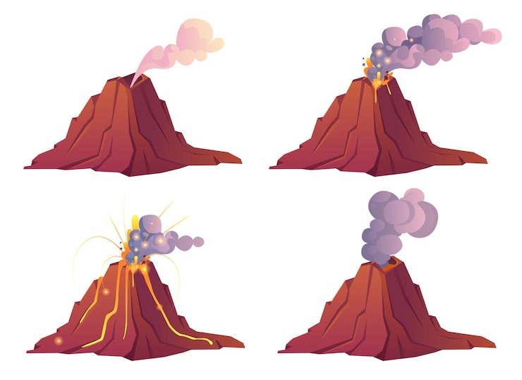 Vector gratuito etapas de erupción volcánica el volcán estalla con fuego de lava caliente y nubes de humo