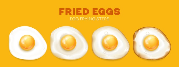 Vector gratuito etapas de huevo de pollo frito desde bordes crudos a marrones crujientes sobre fondo amarillo ilustración vectorial realista