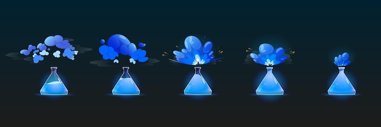 Vector gratuito etapas de la reacción química en la animación del matraz de laboratorio