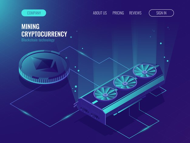 Ethereum Blockchain isométrico, procesamiento de datos grandes, rack de sala de servidores