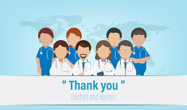 Etiqueta de agradecimiento con conjunto de ilustración de vector de diseño plano médico y enfermeras
