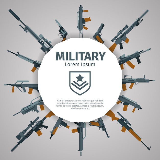 Etiqueta de armas. insignia de armas con texto. Uzi de armas automáticas, banner de ilustración con grupo de armas