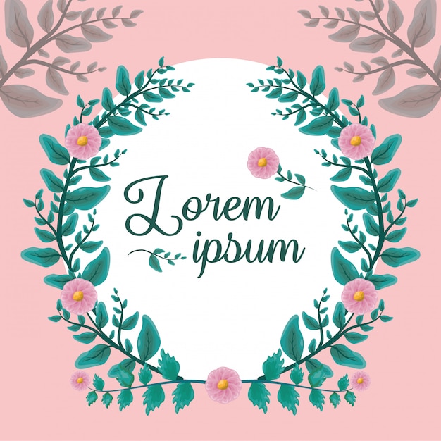 Vector gratuito etiqueta blanca con hojas verdes y follaje de flores rosadas, estilo corona de laurel
