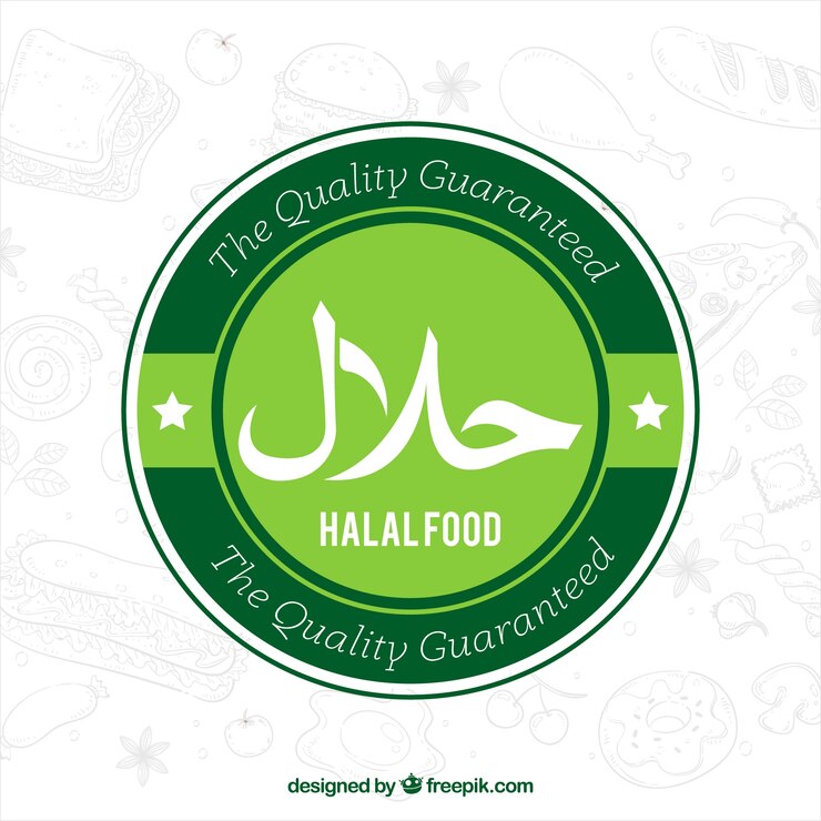 Vector gratuito etiqueta clásica verde de comida halal con diseño plano