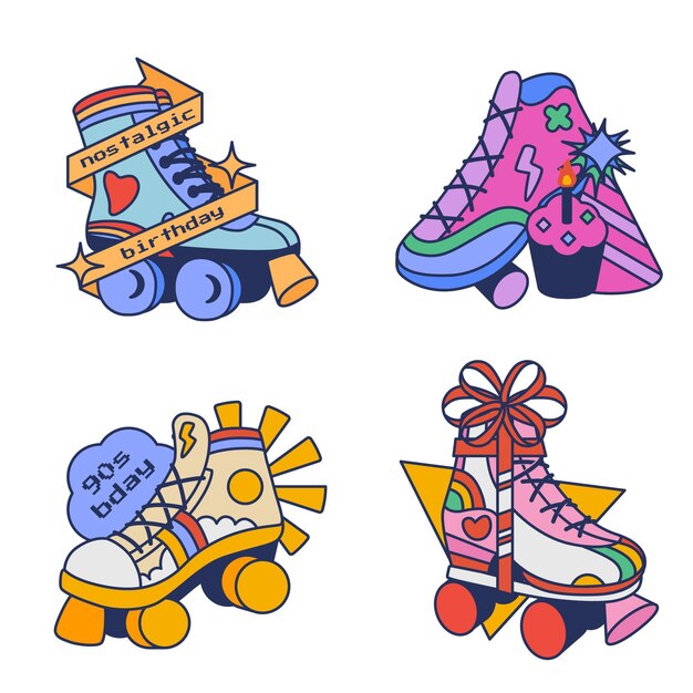 Etiqueta e insignias nostálgicas de cumpleaños de los 90 dibujadas a mano