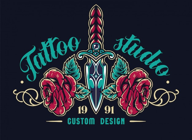 Vector gratuito etiqueta elegante del estudio de tatuajes coloridos